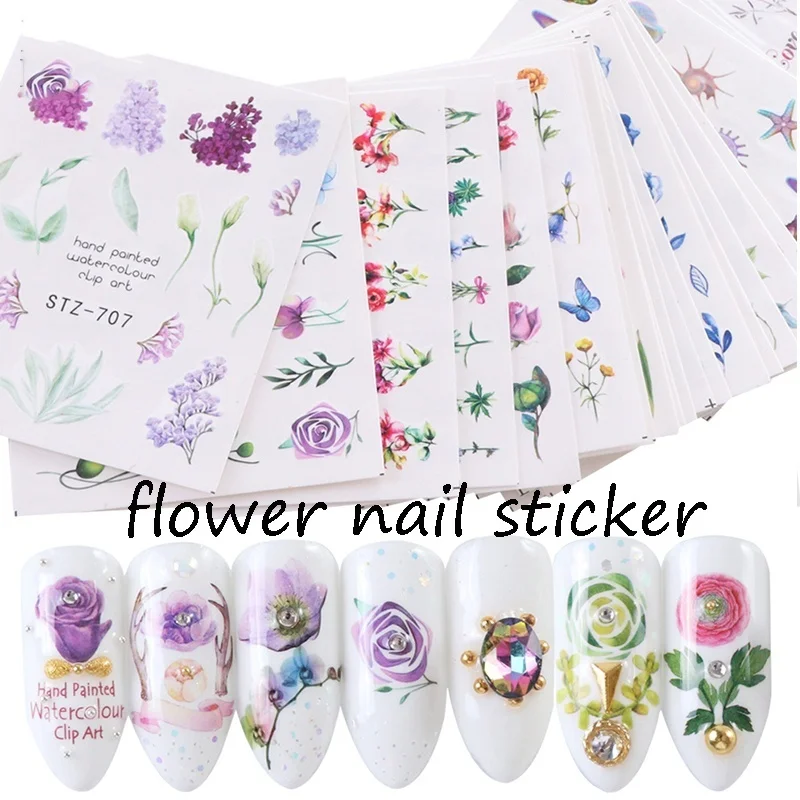 24 листа гелевых наклеек для ногтей акварельные цветочные узоры водный