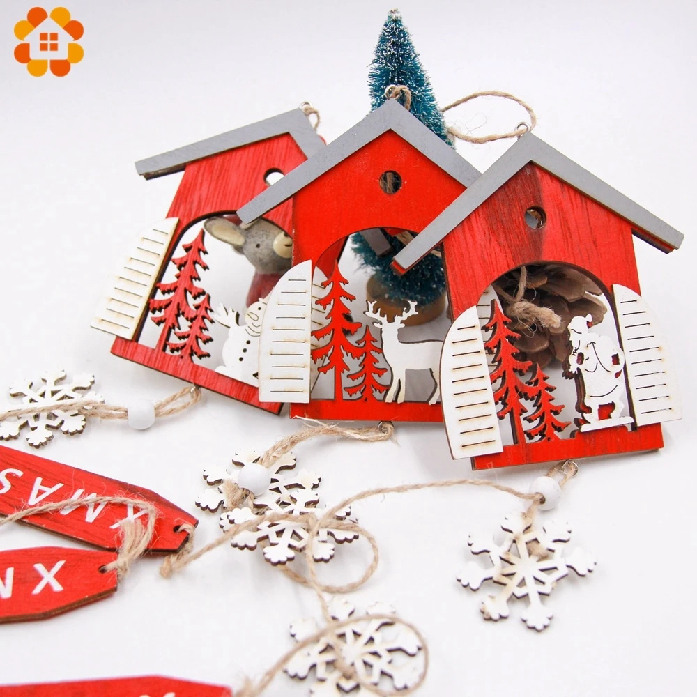 1PCS Red Wooden Santa Claus/Snowman Christmas Pendants Ornaments House Shape Xmas Tree Ornament For Party Decoration | Дом и сад