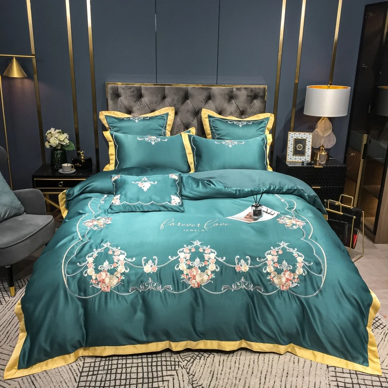 

New Luxury White Satin Cotton Bedding Set Flower Embroidery Silky Duvet Cover Bed Linen Fitted Sheet Pillowcase Home Textiles