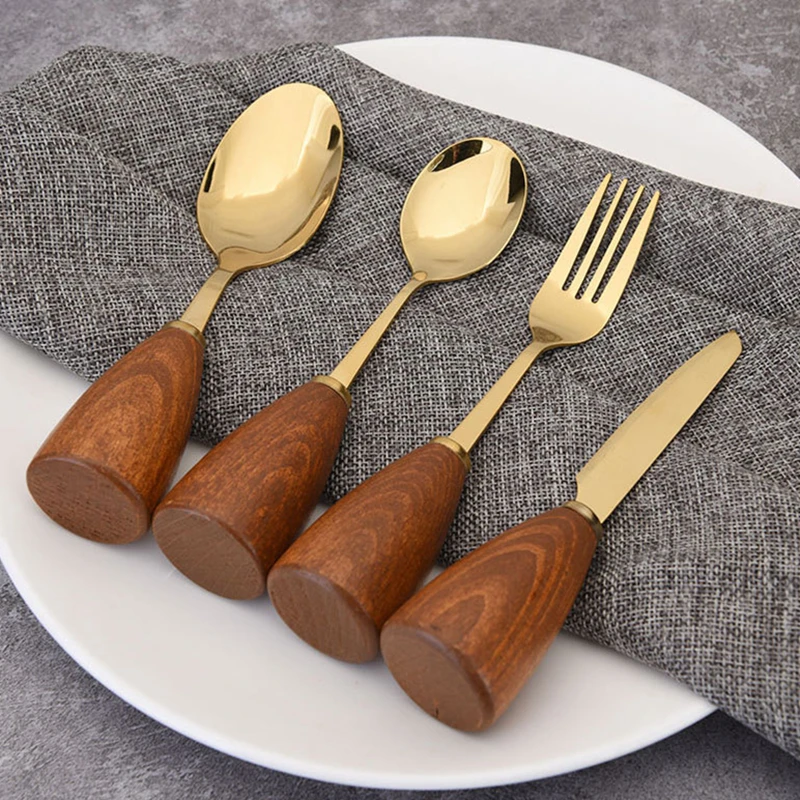 

Ice Cream Spoon Wooden Handle Tableware Gold Dinnerware Portable Table Knife Fork Stainless Steel Cutlery for Housewares Kitchen