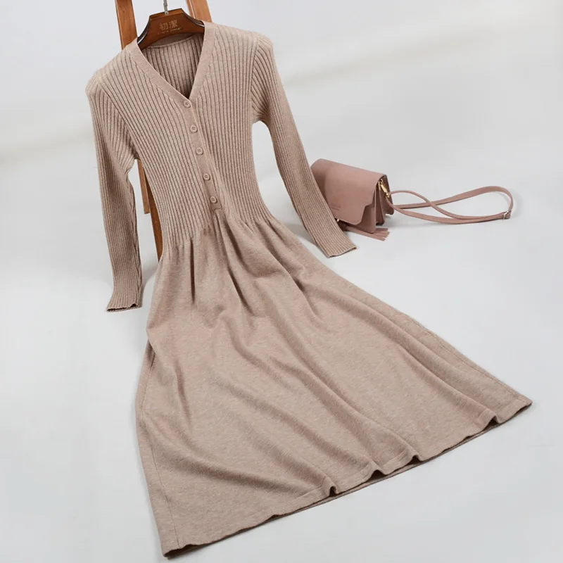 

autumn winter button v-neck maxi sweater dress women casual female long knitted sweater dress elegant a-line solid slim dress