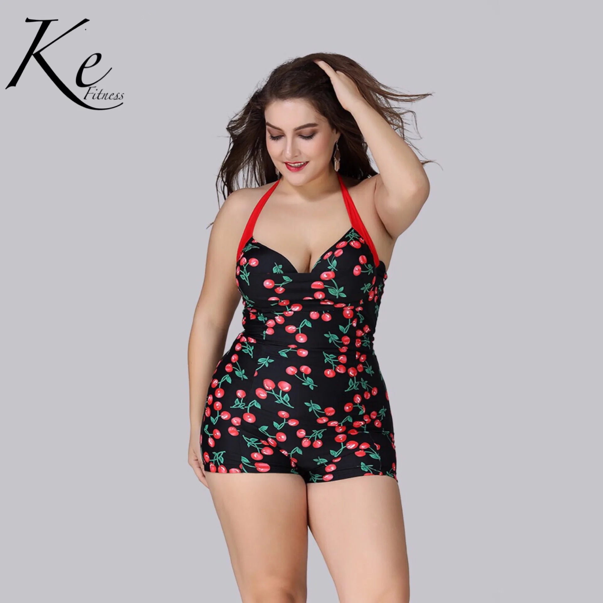 Слитный купальник KE для сиамской женщины вишни до 5XL большой размер плюс