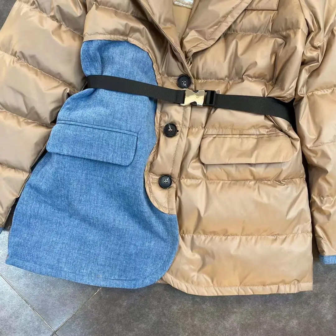 

ZCSMLL 2021 Winter Lapel Loose Parkas Women Long-sleeved Stitching Denim Belt Waist Small Woman Suit Down Jacket
