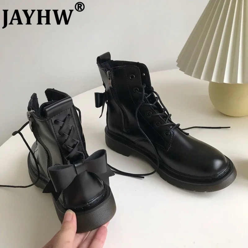 

JAYHW Ins Black Martin Boots Autumn New Women Leather Bow Knot Short Boots Fashion Trend Ankel Boots For Woman Short Boots