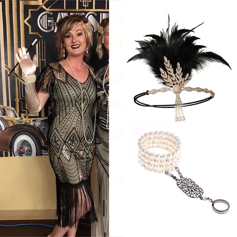 Plus Size Women's Vintage 1920s Fringed Gatsby Sequin Beaded Long Fringe Tassels Hem Flapper Dress with Sleeves Accessories Set