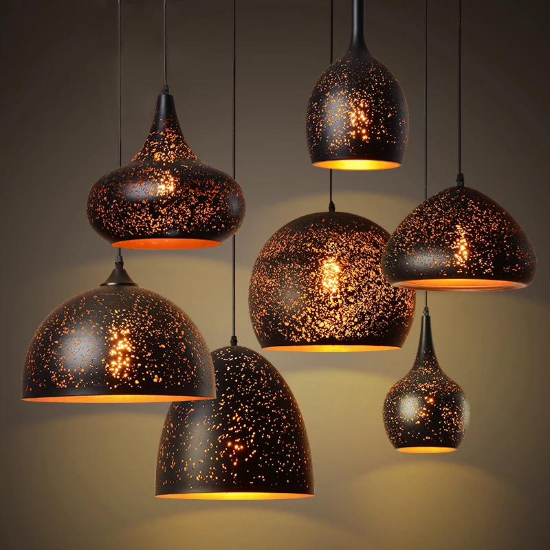 

Vintage Pendant Lamp Iron Loft Nordic Porous Retro E27 Etching Lampshade Bar Restaurant Lamp Industrial Wind Rust Pendant Lamp