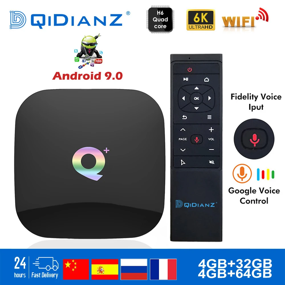 ТВ-бокс QPLUS Smart 6K Ultra HD 4+ 32G Android 9,0 Movie wifi Google Cast Netflix медиаплеер IP tv телеприставка qplus