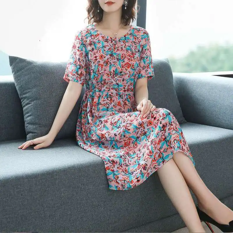 

Sunmer Elegant Patchwork Floral Natural Waist Dress Women Fashion Plus Size Loose Short Sleeve Skirt Set Casual Women's Dresses