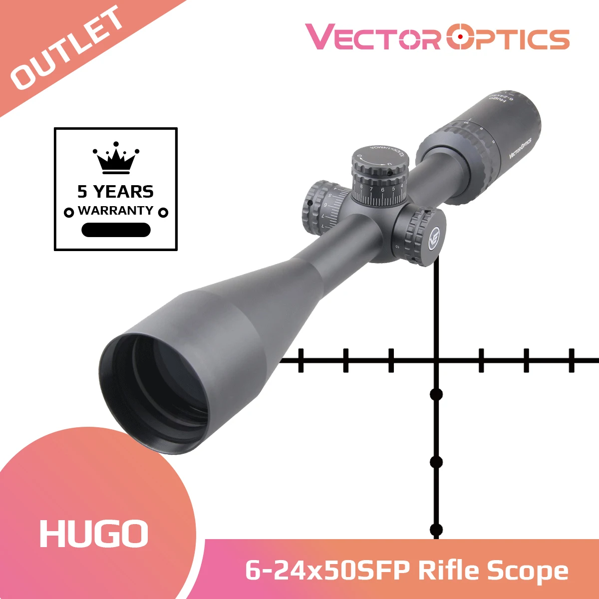 

Vector Optics Hugo 6-24x50 1" Riflescope BDC Wire Reticle Min 10 Yds Turret Lock Rem 700 Ruge 10/22 .22LR