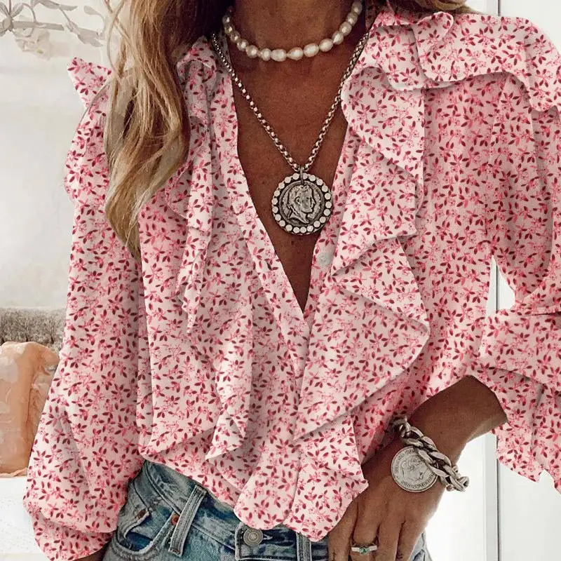 

Women Blouse Summer Chiffon Butterfly Printed Women V-Neck Ruffle Long Sleeve T-Shirt Female Autumn Ladies Loose Casual Tops