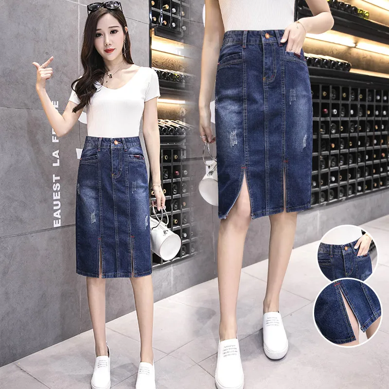 

Limiguyue Slim Denim Skirt Women High Waist Midi Jeans Skirt Fashon Split Summer Casual Sweet Blue Hip Skirts Button Faldas K109