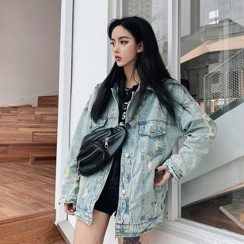 Осенняя длинная джинсовая куртка с принтом динозавра Женская ВИНТАЖНАЯ