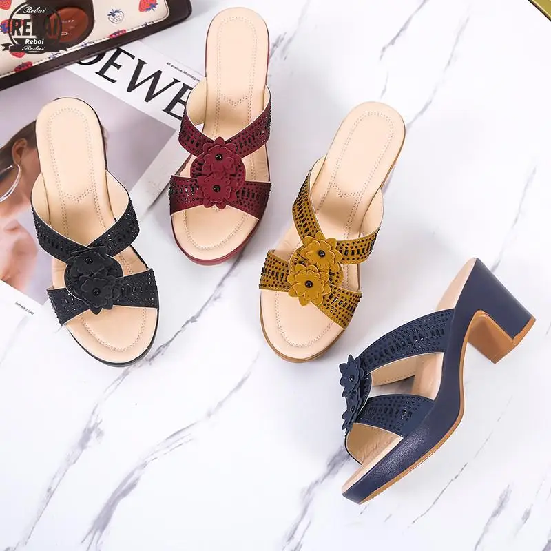

Summer Casual Women's Slippers Fashion Simple Flower Decoration Retro Wild Classic Open-toed Elegant Mature Women's Slippers