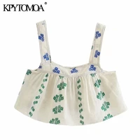 kpytomoa women 2021 fashion floral embroidery cropped tank tops vintage back elastic wide straps female camis mujer