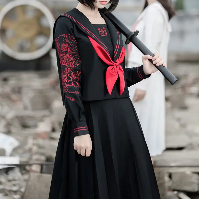 

White Pink Dragon Japanese Sailor JK Uniform Black Suit Scarfe Pleated Skirt Suits Japan Korea Girls Basic School Jk Top Shirt