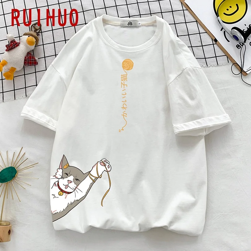 Футболка RUIHUO мужская с принтом кота хлопковая уличная одежда в стиле Харадзюку