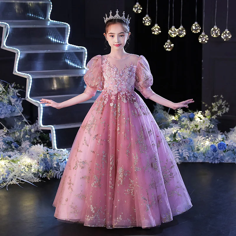 

Christmas Party Kids Dresses For Wedding Dress Flower embroidery Children Pageant Gown Sequins Tulle Dress for Girls Clothing