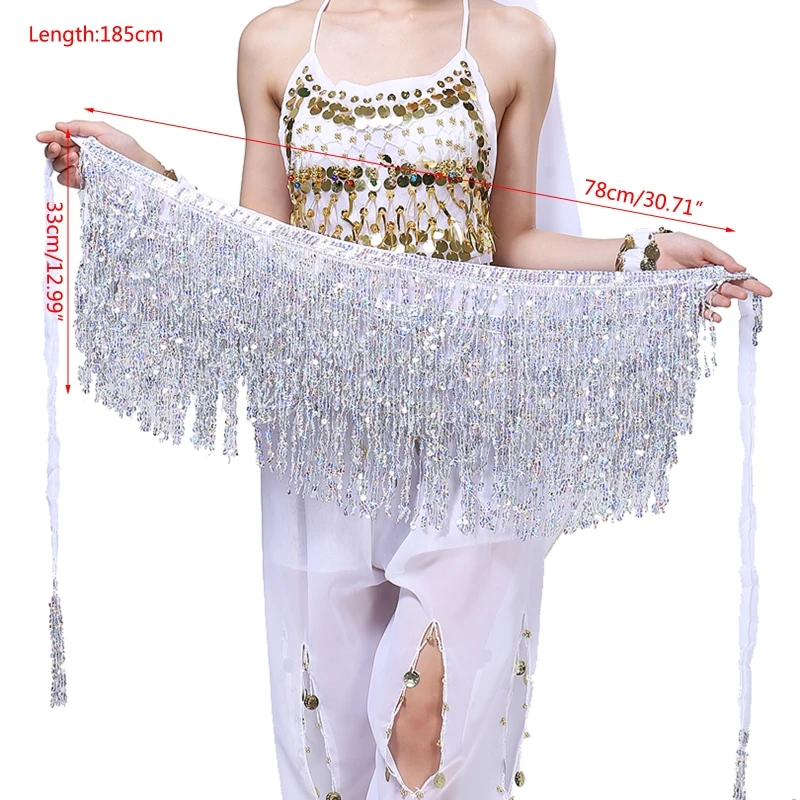 

Women Sequin Tassel Lace-up Sexy Wrap Mini Skirt Latin Dancing Belly Dance Hip Scarf Glitter Waist Chain Stage Performance Party