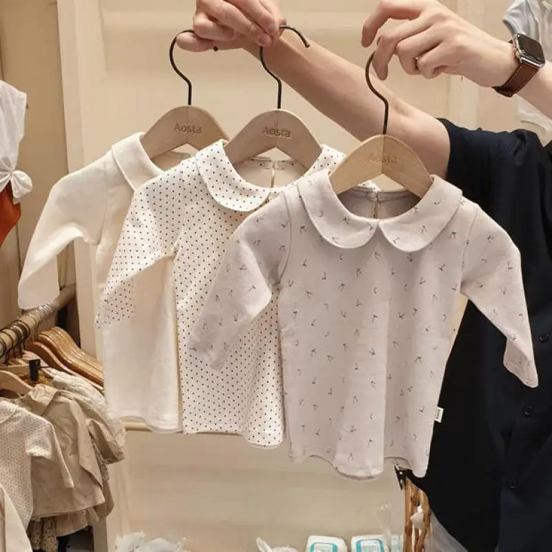 

2021 New Autumn Fashion Toddler Kids Baby Boys Long Sleeve Shirts Baby Girls Doll Collar Cotton Blouse Bottoming Tops Clothes