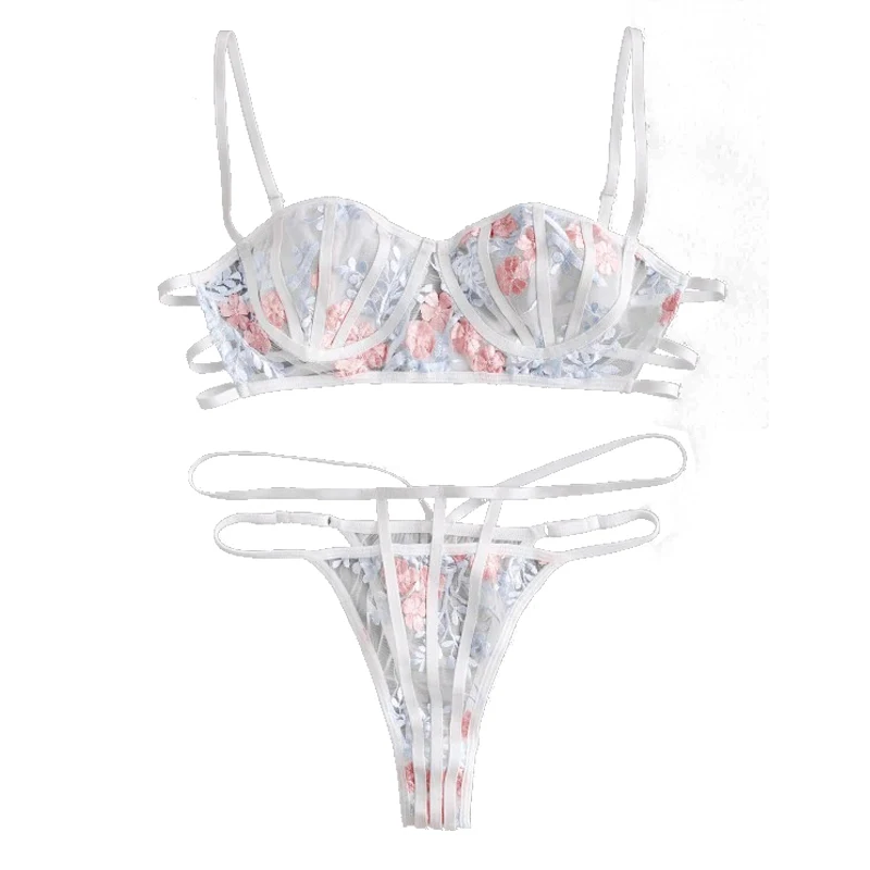 

Lace Flower Embroidered Caged Bralette Lingerie Set New sexy bra Transparent mesh women's underwear Nightwear and Thong