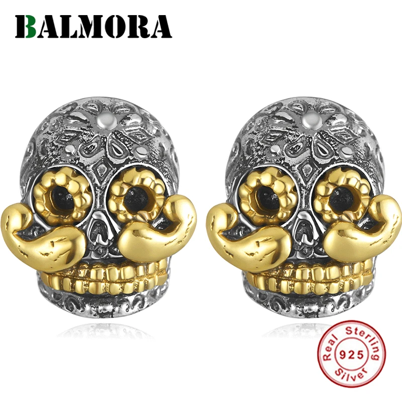 BALMORA 100% Real 925 Sterling Silver Skull & Long Beard Stud Earrings for Men argent homme Gift Being Old Style Fashion Jewelry