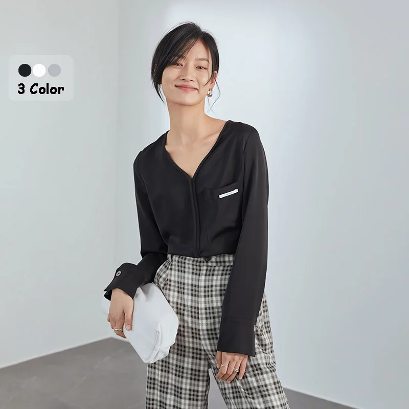 

FANSILANEN V neck casual chiffon blouse shirt Women spring summer black long sleeve pull top Female letter print white shirt