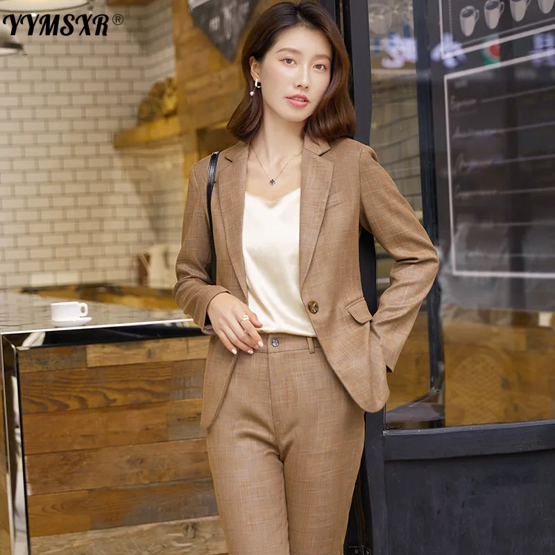 Office Professional Women's Suit Pants Two-piece Autumn and Winter Slim Plaid Ladies Jacket High Waist Casual Nine-point Pants