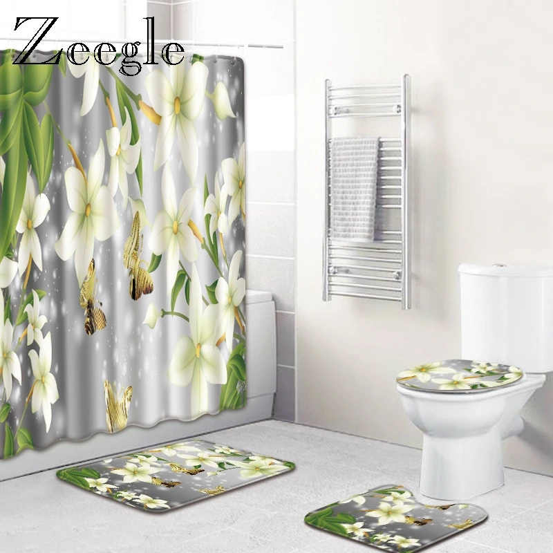 

Floral Printed Bath Mat Set with Bathroom Curtain Bathroom Carpet Shower Curtain Absorbent Bathroom Carpet Washable Toilet Set