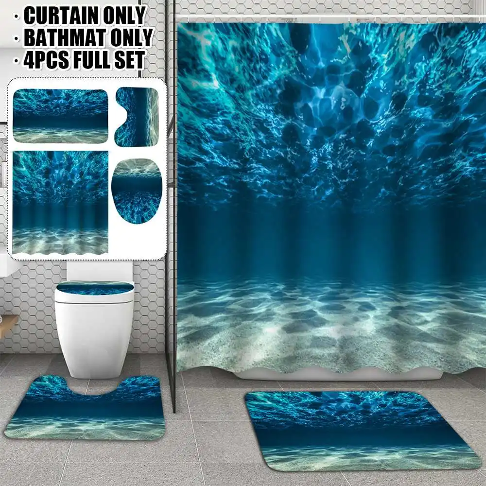 

Blue Sea Ocean Style Bathroom Non-slip Mat Set Durable Waterproof Shower Curtain Set Pedestal Rug Lid Toilet Cover Bath Mat