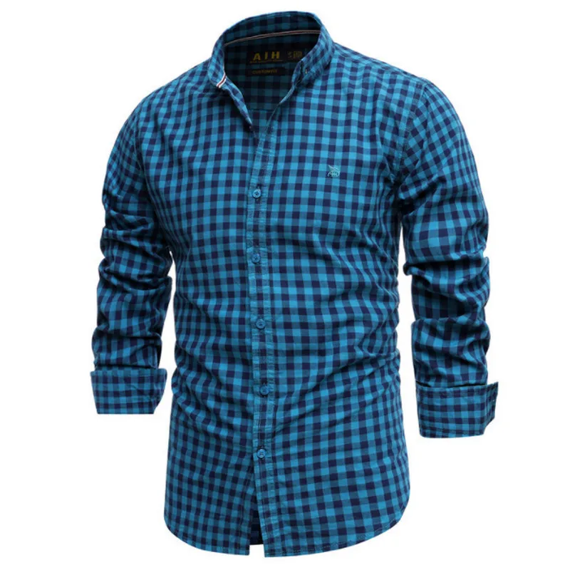 

2021 New Spring 100% Cotton Plaid Shirt Casual Slim Fit Men Shirt Long Sleeve High Quality Men's Social Shirt Dress Shirts