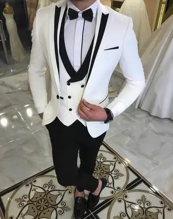 as picture Костюмы Под заказ Slim Fit 3 шт. деловой пиджак жениха смокинг Блейзер белые костюмы для свадьбы выпускной вечер(Блейзер+ жилет+ брюки - Цвет: as picture