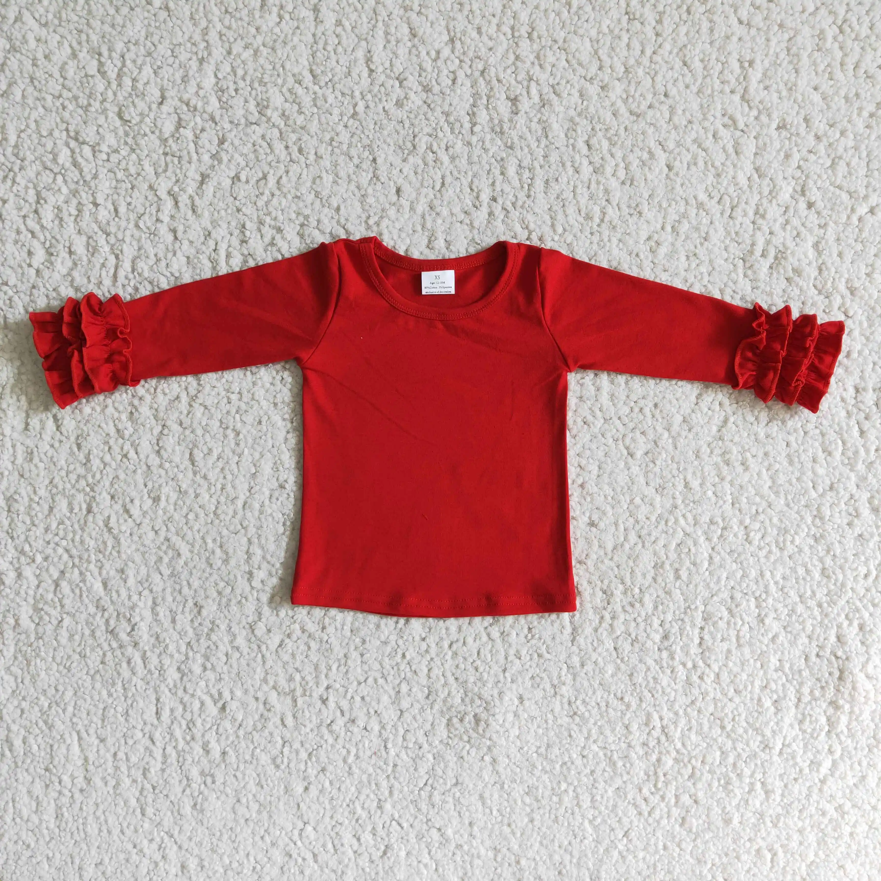 

Wholesale kids t-shirt blanks baby girl solid color red ruffle tops kids winter long sleeve t-shirt boutique children's wear
