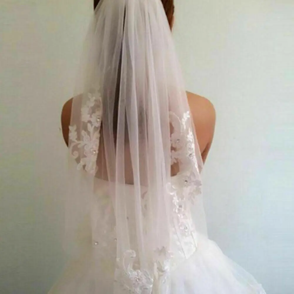 

Short 1T White Ivory Bridal Lace Applique Crystal Wedding Veils & Comb 2022