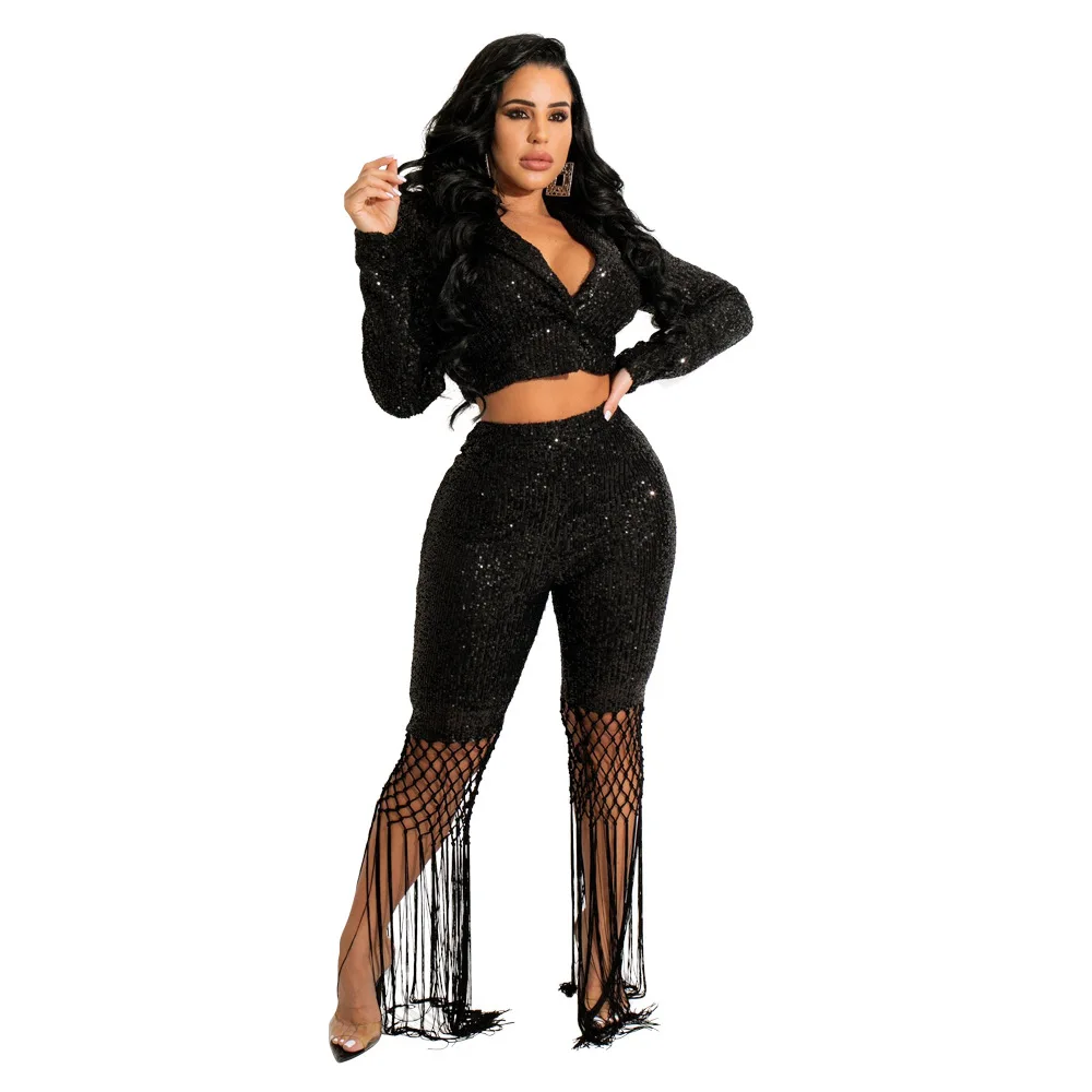 

Sequined Women Tassel Hem Pants Suit and Blazer Tops Matching Two 2 Piece Outfits Streetwear Elegant Tracksuit Sweatsuit