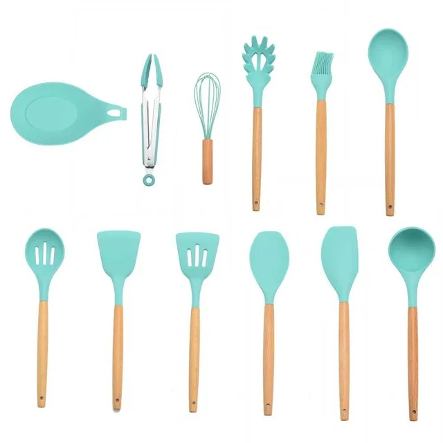 Mint Green 12pcs-B 9 или 12 шт розовый набор инструментов для приготовления пищи Премиум силиконовый набор кухонной посуды с ящиком для хранения Тернер щипцы лопатка суповая ложка - Цвет: Mint Green 12pcs-B