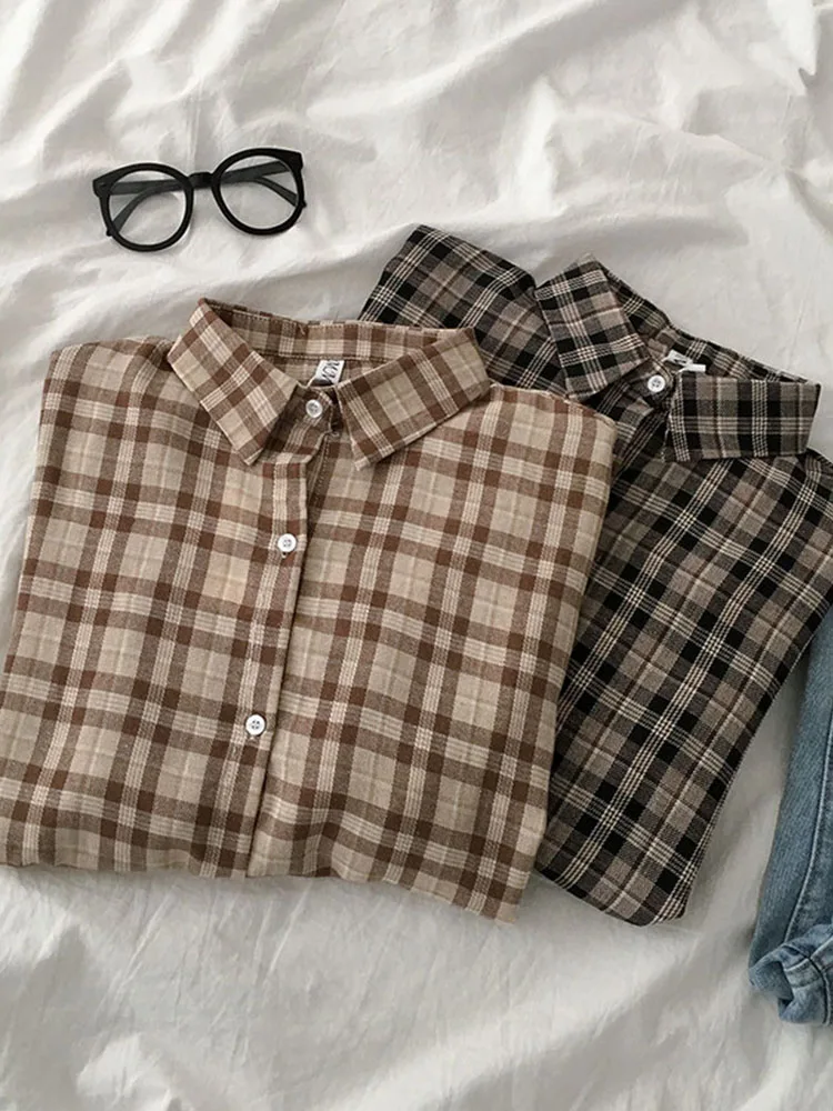 

Women's Wear Shirt 2021 Spring New Vintage Baggy TOP Casual Simplicity Versatile Long Sleeves Lapel Femme Plaid Blouse