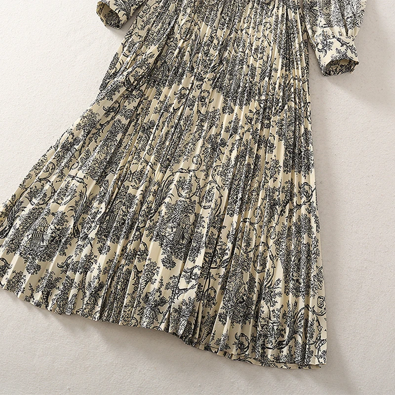 

AELESEEN Runway Fashion Pleated Dress Women Spring Long Sleeve White Lace Patchwork Floral Print Belt Holiday Elegant Dress