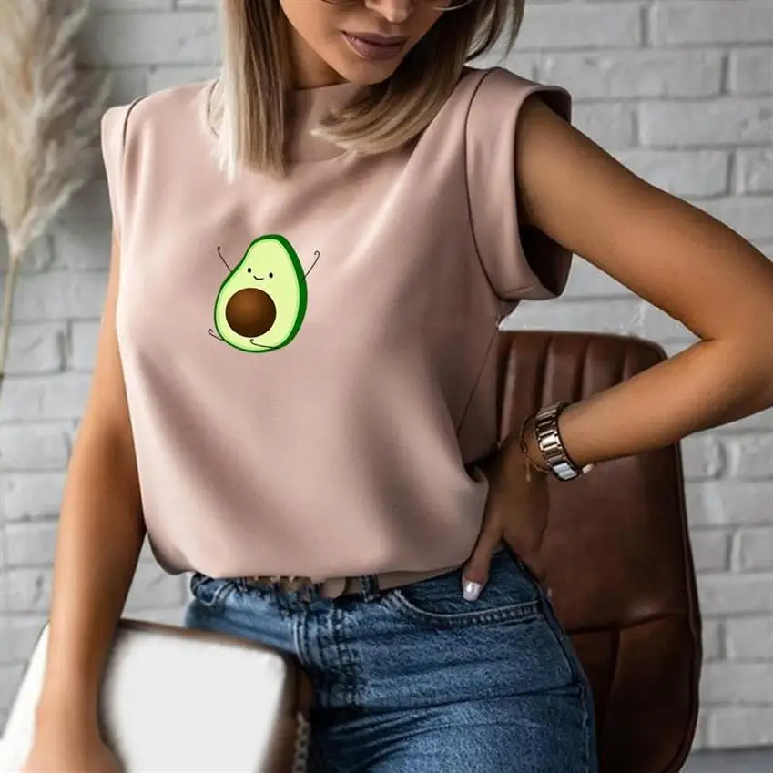 

2021 Fashion Women Avocado Vegan Print Tops Blouse Shirts Summer Ladies Office Casual Stand Neck Pullovers Blusa Tops