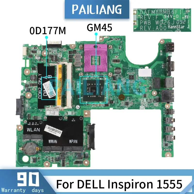 Placa-mãe para Laptop Pailiang Inspiron 1555 Gm45 Computador Placa Principal Cn0d177m Teste Placa-mãe para notebook