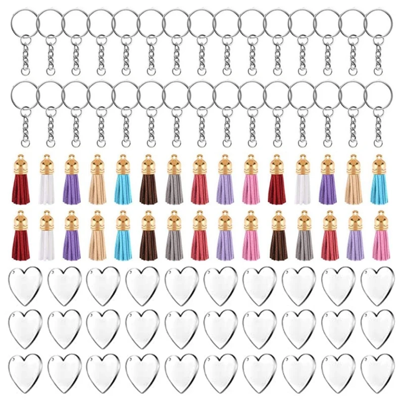 

90Pcs Acrylic Discs Clear Heart Keychain Blanks Charms Colourful Tassel Key Rings for DIY Crafts Jewelry