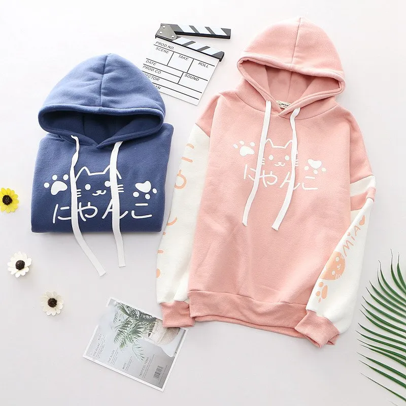 Autumn Winter New Japanese Women Harajuku Cute Cartoon Cat Hooded Hoodies Casual Women's Patch Color Velvet Sweatshirts | Женская