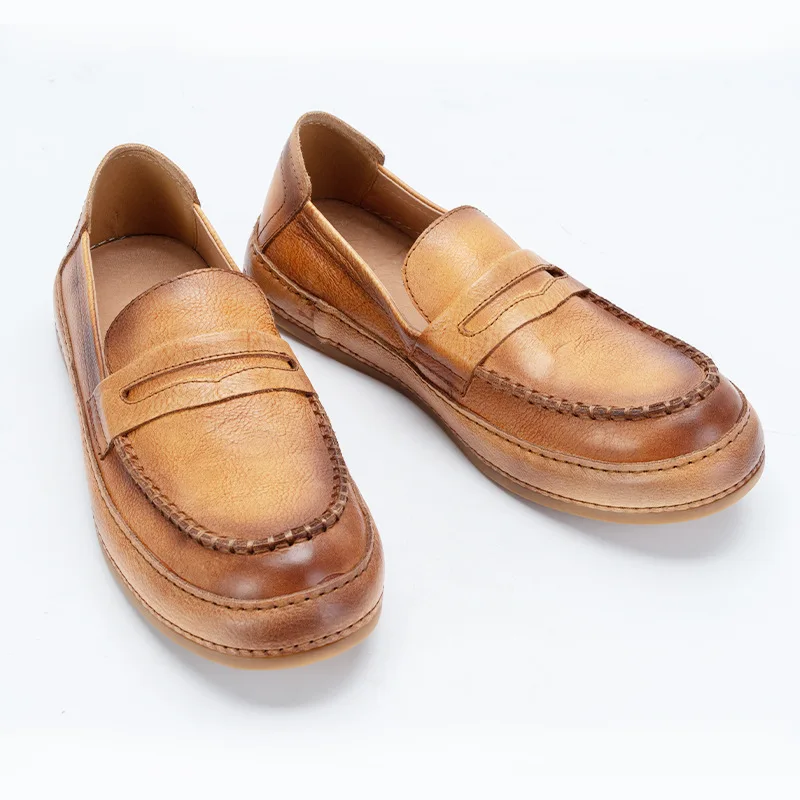 Лоферы ZFTL мужские и женские масляная кожа бычья круглый носок винтажные