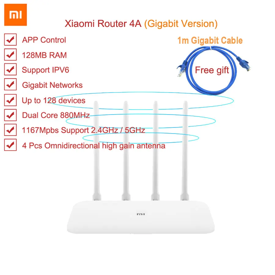 Xiao mi маршрутизатор 4A WiFi маршрутизатор Gigabit Edition mi двухдиапазонный 2,4 ГГц 5 ГГц двухдиапазонный с высоким коэффициентом усиления 4 антенны приложение для дома и офиса cv6 802.11ac