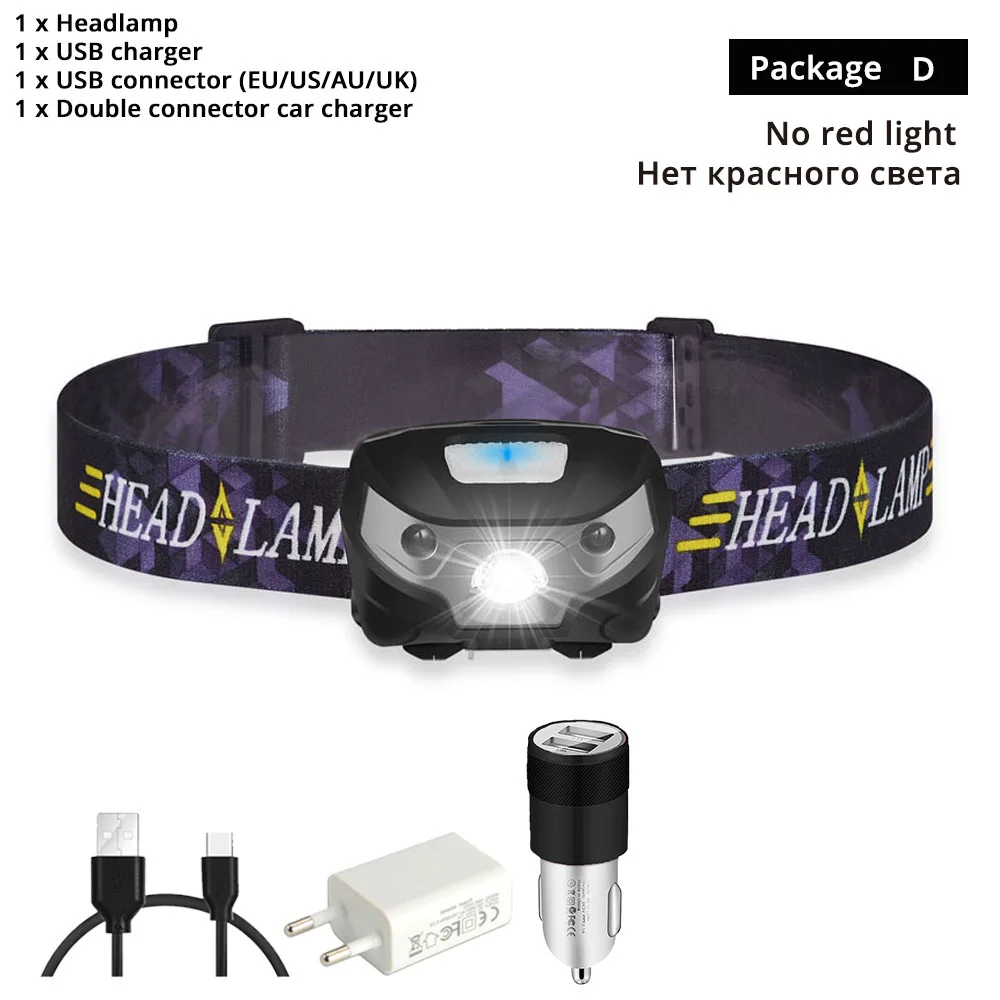 NO red light-D 3000LM мини Перезаряжаемые светодиодные фары движения тела Сенсор светодиодные велосипедов Глава свет лампы Открытый фонарик с USB - Испускаемый цвет: NO red light-D