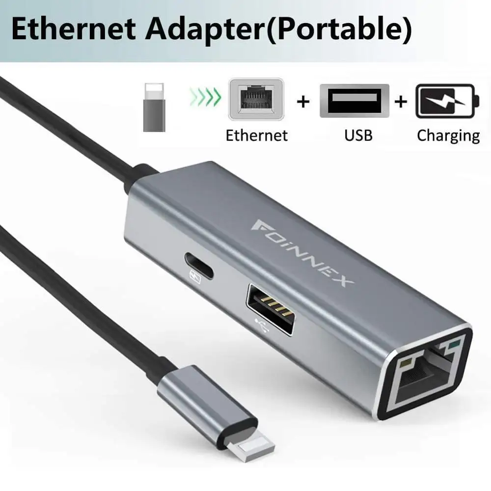 Адаптер Ethernet, Lightning/RJ45, Foinnex, с зарядкой PD, для iPad, iPhone 11, X, XS, XR, 8, 7, 6, для USB-камеры
