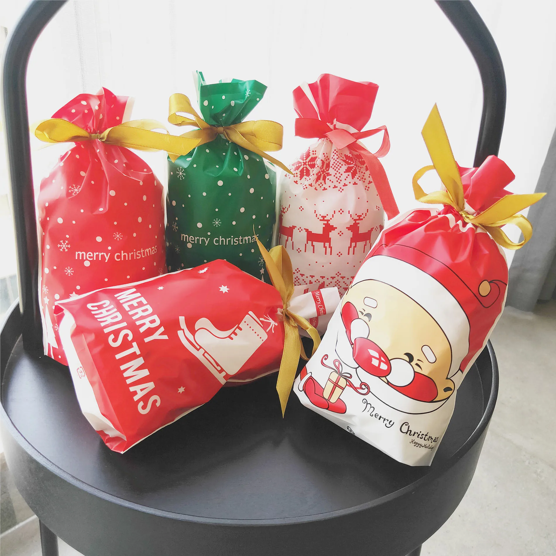 

50 PCS Christmas Food Packaging Bag Ribbon Drawstring Bag Candy Biscuit Bundle Pocket Holiday Gift Bag