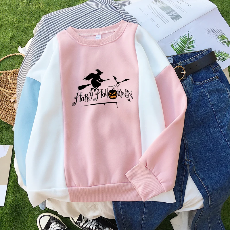 

Women Kawaii Funny Halloween Print Hoodies Autumn Winter Fleece Warm O-neck Spell Color Splicing Sweatshirts Sudadera Mujer Tops