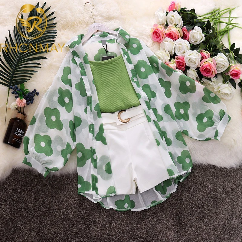 

Женский трикотажный комплект Aibeautyer, Комплект из 3-х предметов: пояс + шорты с широкими штанинами и рукав-фонарик, одежда для защиты от солнца, ...