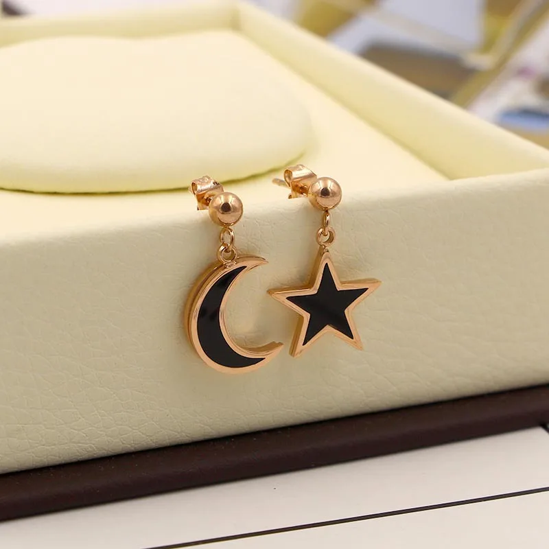 Модные Асимметричные женские серьги из титана и стали розового золота с черными