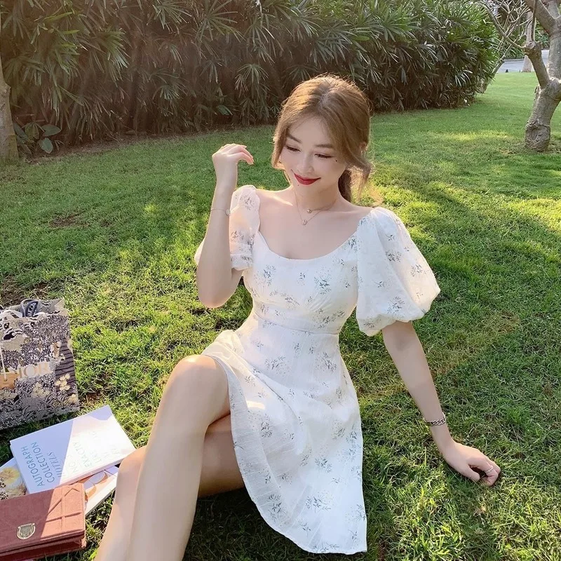 

2021 NewSummer Elegant Dress Women Puff Sleeve French Floral Print Mini Dress Office Lady Korean Japan Style Kawaii Dress Women